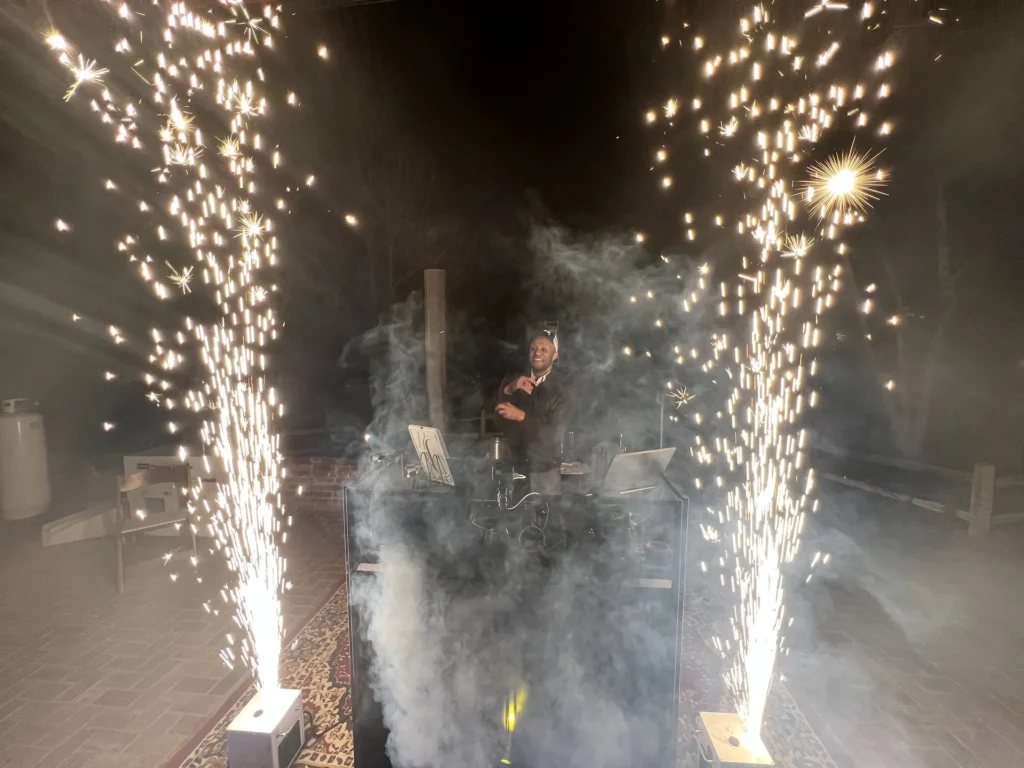 Cold spark fountains firing on either side of a dance floor during a Phoenix wedding reception