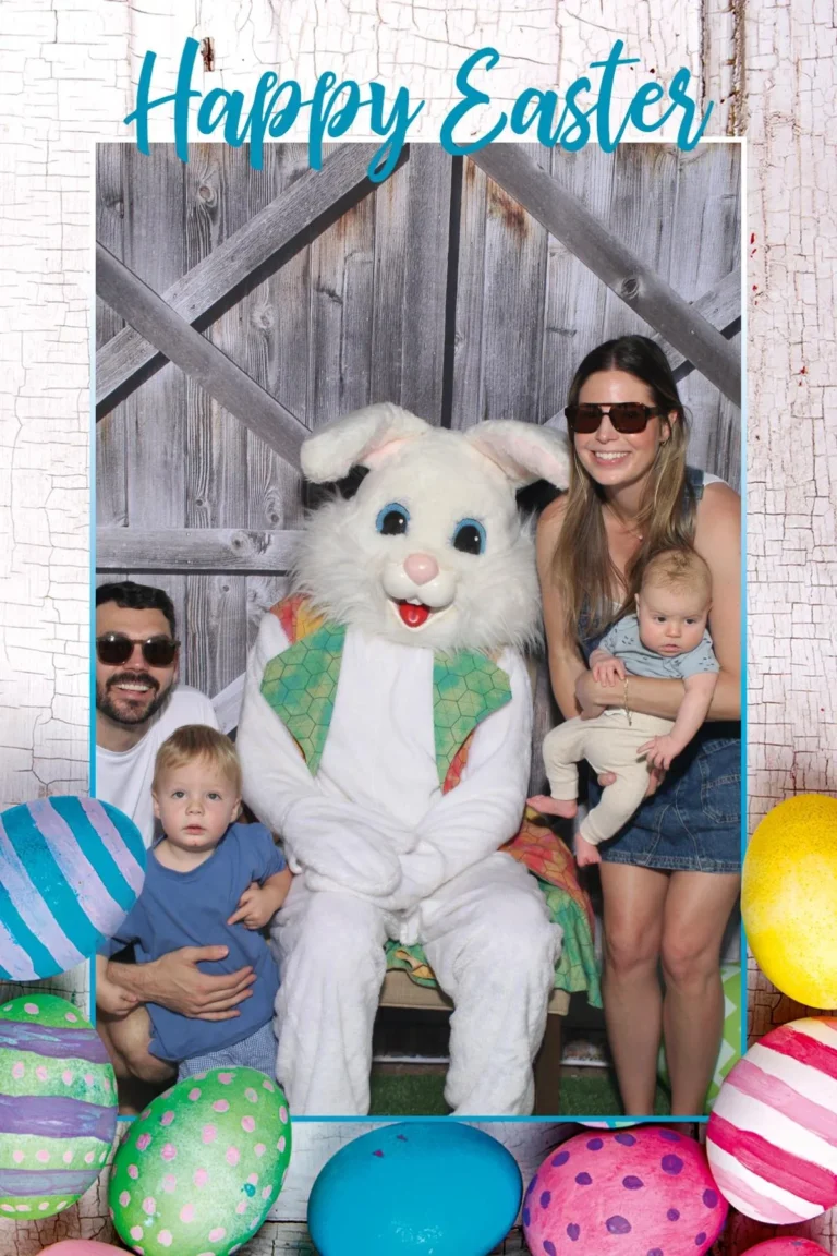 Happy Easter photo booth print of a family posing with the Easter bunny mascot