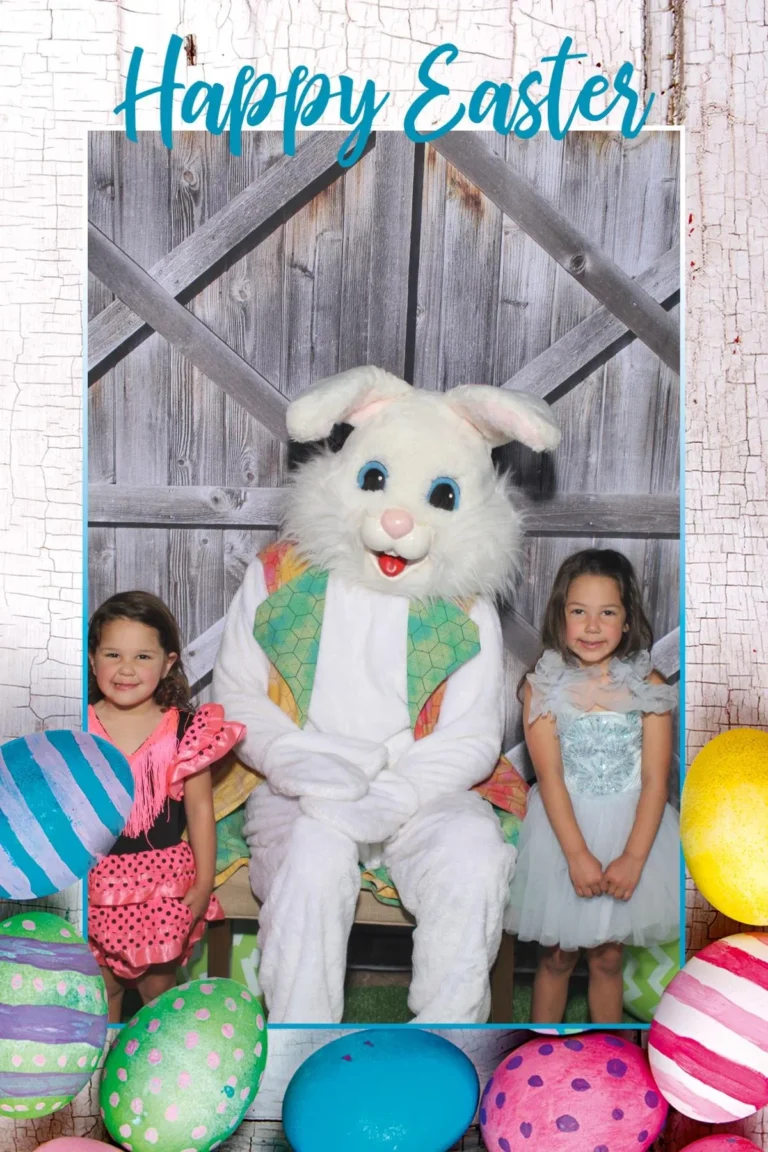 Happy Easter photo booth print of two children posing with the Easter bunny mascot